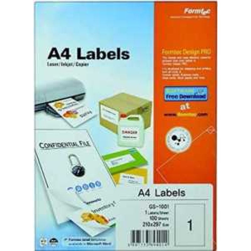 A4 Labels GS-1001 210mm x 297mm 1L/S 100S/box - FORMTECH LABEL | Gold Star Kuwait - Gold Star Computer Kuwait