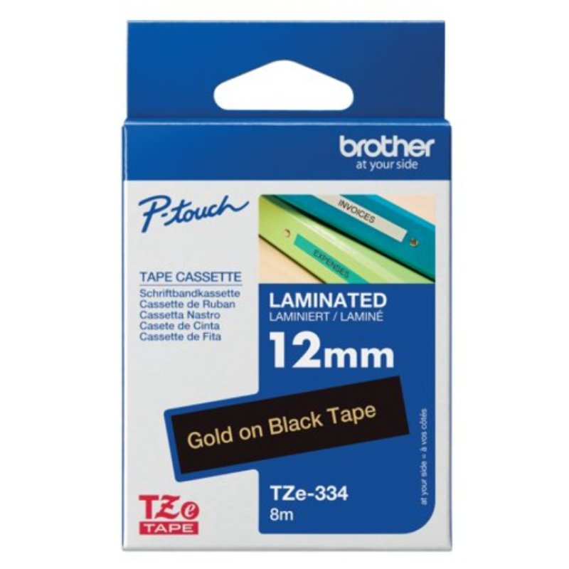 Brother Tape Cassette Laminated 12mm x 8m GOLD on BLACK Tape TZe-334 - brother P-Touch | Gold Star Kuwait - Gold Star Computer Kuwait