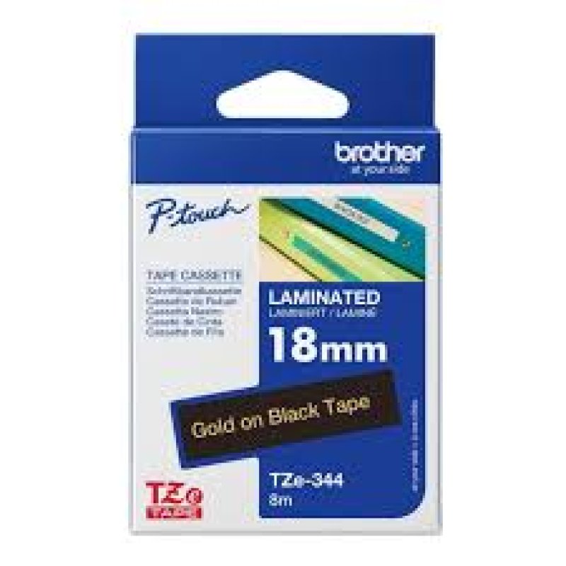 Brother Tape Cassette Laminated 18mm x 8m GOLD on Black TZe344 - Brother P-Touch | Gold Star Kuwait - Gold Star Computer Kuwait
