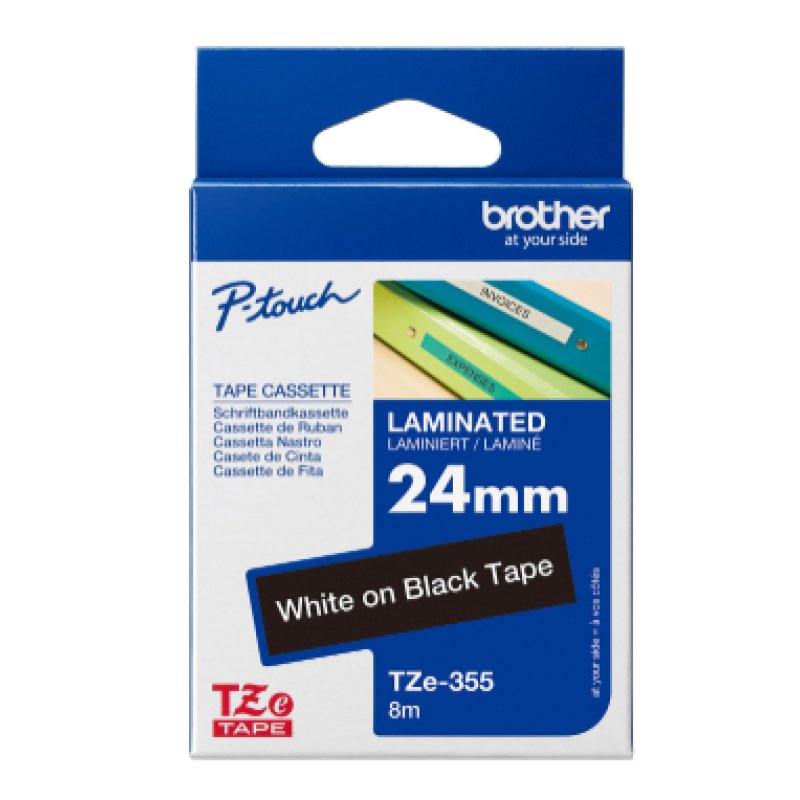 Brother Tape Laminated 24mm x 8m White on BLACK Tape TZe355 - Brother P-Touch | Gold Star Kuwait - Gold Star Computer Kuwait