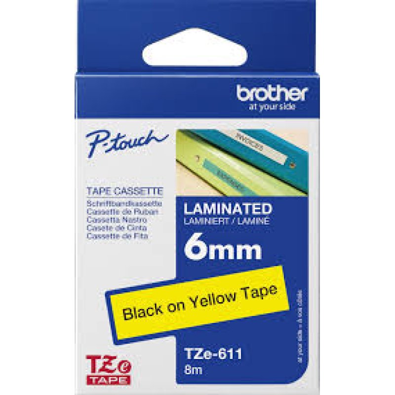 Brother Tape Cassette Laminated 6mm x 8m Black on YELLOW TZe 611 - Brother P-Touch | Gold Star Kuwait - Gold Star Computer Kuwait