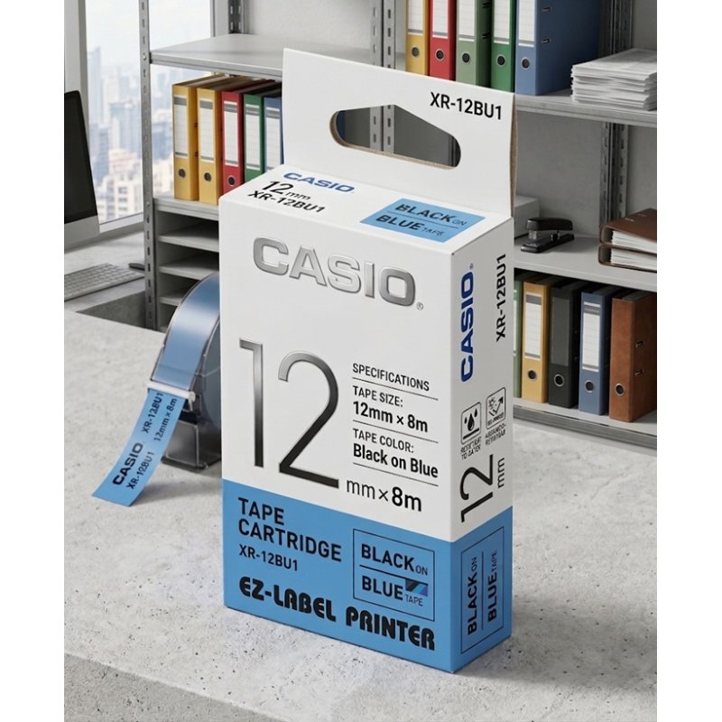 casio Casio XR-12BU1 Tape Cartridge (12mm x 8m, Black on Blue) (04971850120360) - Gold Star Computer Kuwait