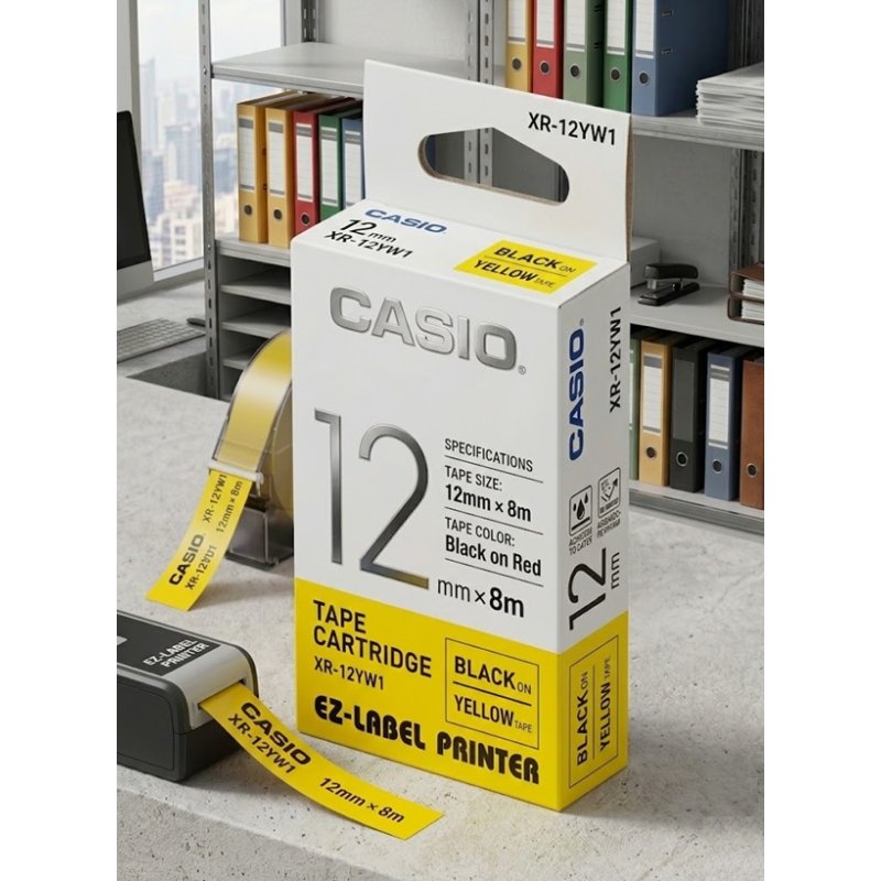 Casio Tape Cartridge 12mm Black Ink Yellow XR-12YW1 - casio | Gold Star Kuwait - Gold Star Computer Kuwait