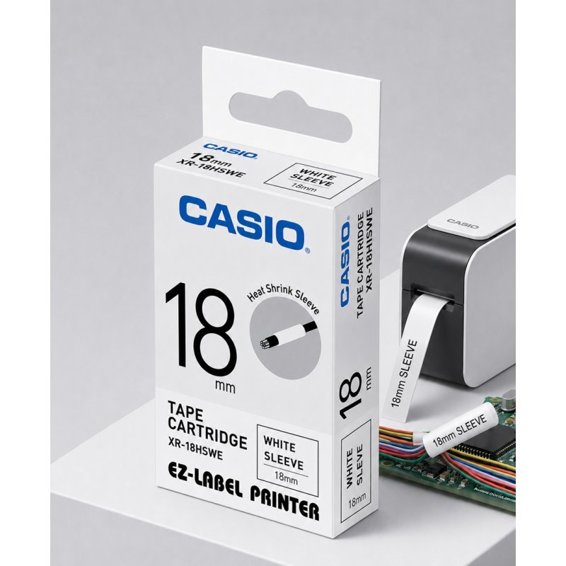 Casio XR-18HSWE Heat Shrink Sleeve Tape Cartridge – 18mm | Gold Star Kuwait - Gold Star Computer Kuwait