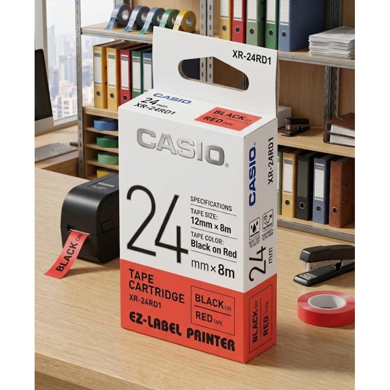 casio Casio XR-24WE1 Tape Cartridge (24mm x 8m, Black on White) (04971850123750) - Gold Star Computer Kuwait