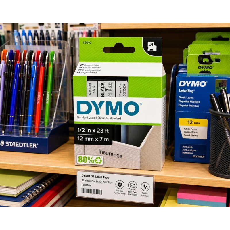 Dymo D1 45010 12mm x 7m 1/2in x 13 ft Black to CLEAR - Dymo | Gold Star Kuwait - Gold Star Computer Kuwait