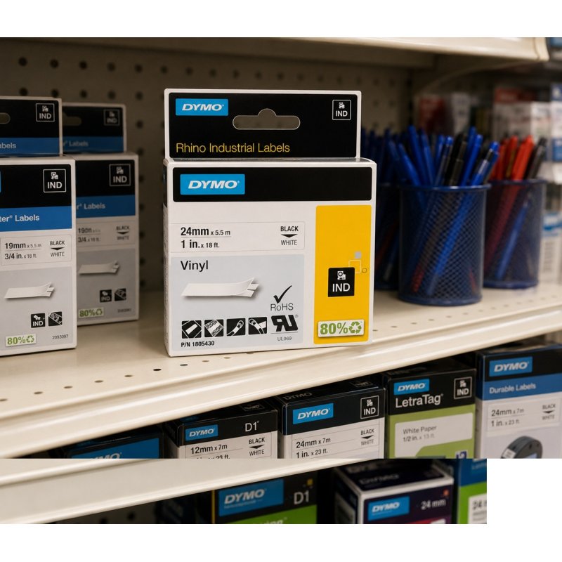 Dymo Rhino Labels Vinyl 24mm x 5.5m 1in x 18 ft Black to White | Gold Star Kuwait - Gold Star Computer Kuwait